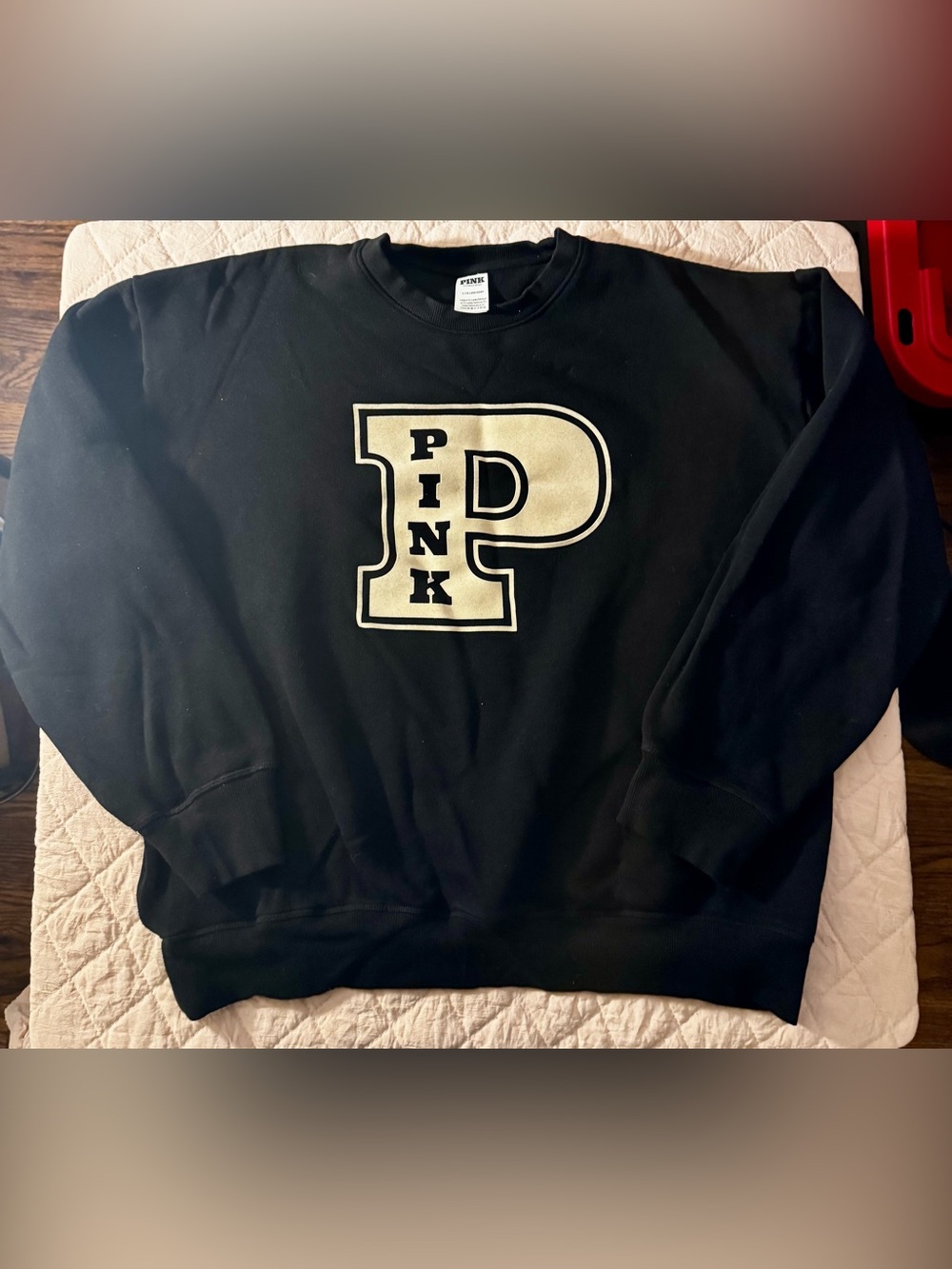 PINK Victoria's Secret Black Crewneck Sweatshirt with Cream 'P' Logo